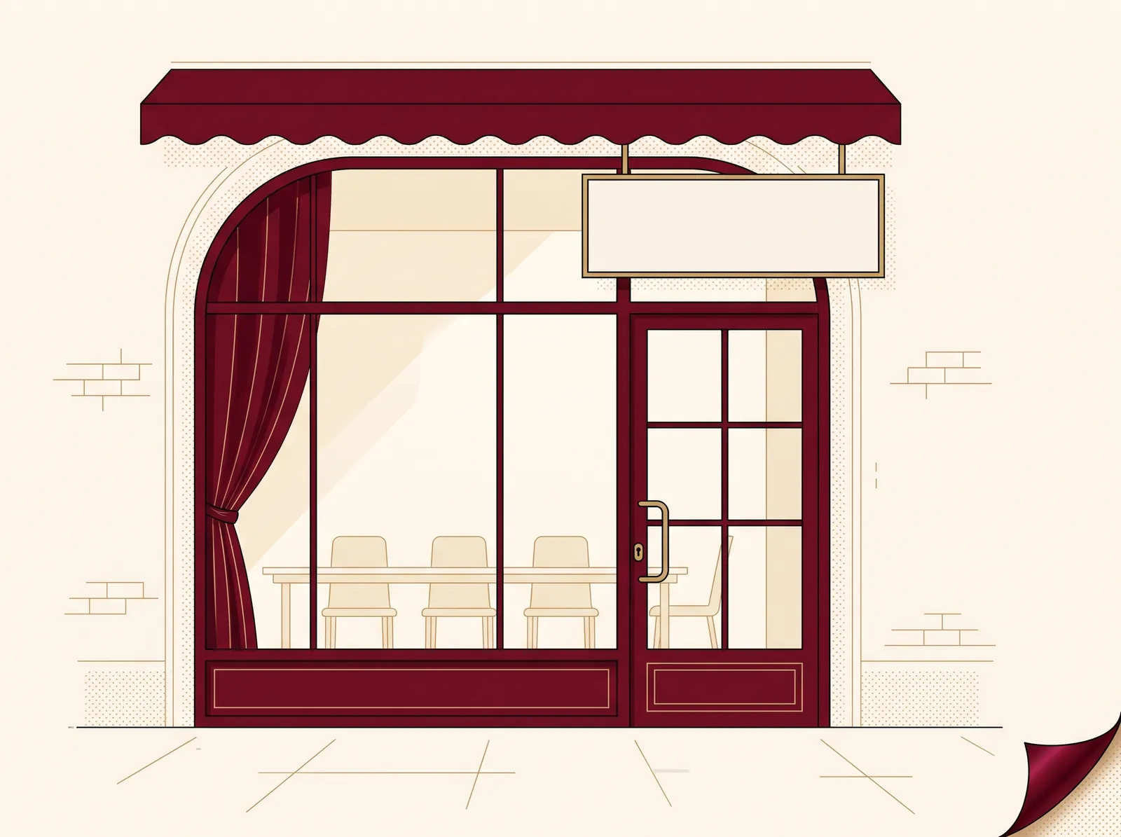 Devanture lumineuse d'une agence : grande baie vitrée, store bordeaux, rideau de velours et table de réunion