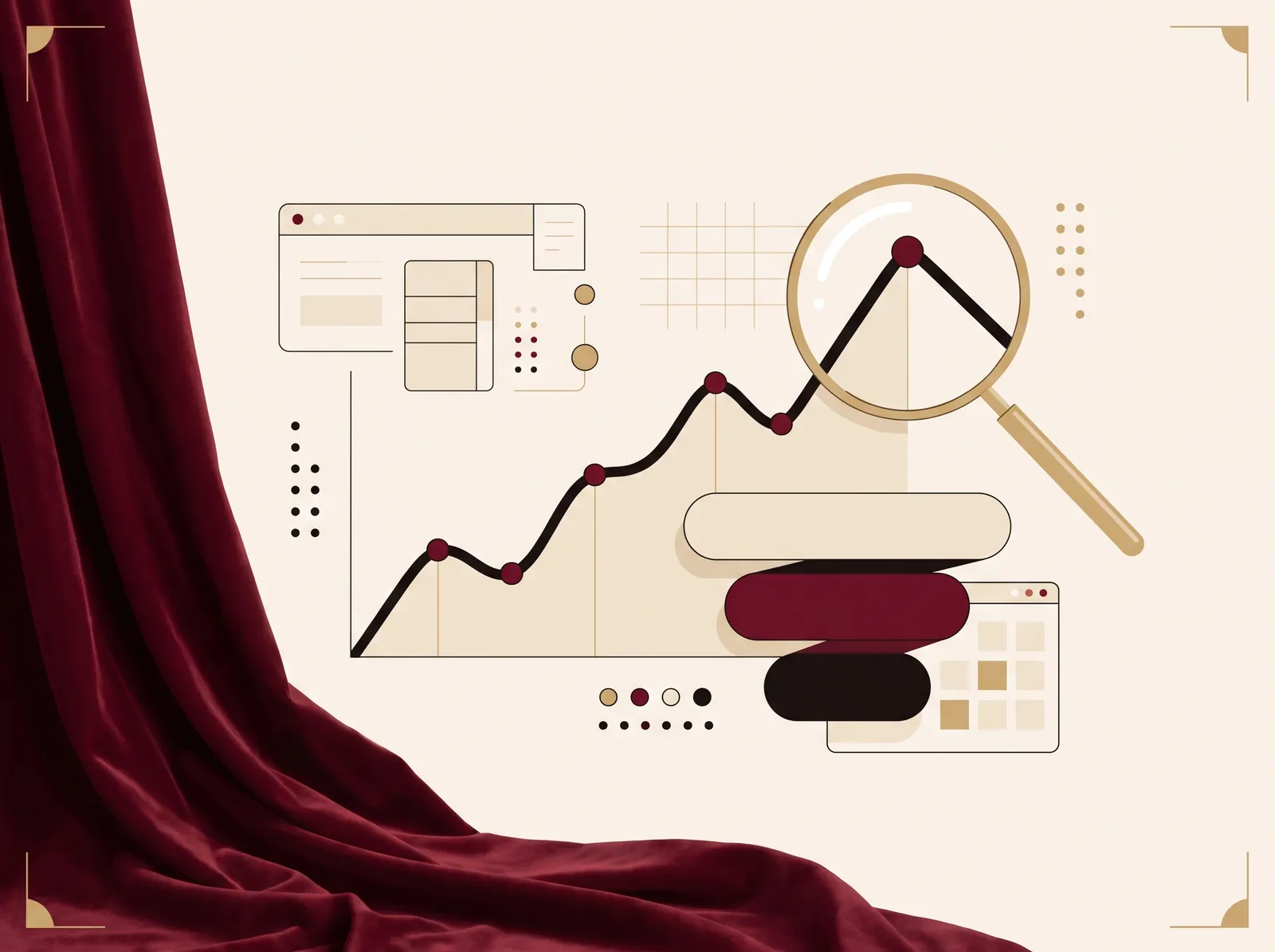 Tableau de bord avec courbe de croissance, entonnoir de conversion et loupe